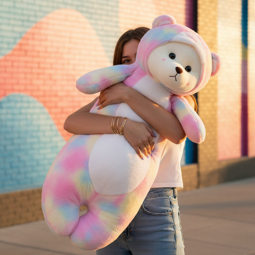 Pastel Rainbow Teddy Bear Plush Toy With Bonnet