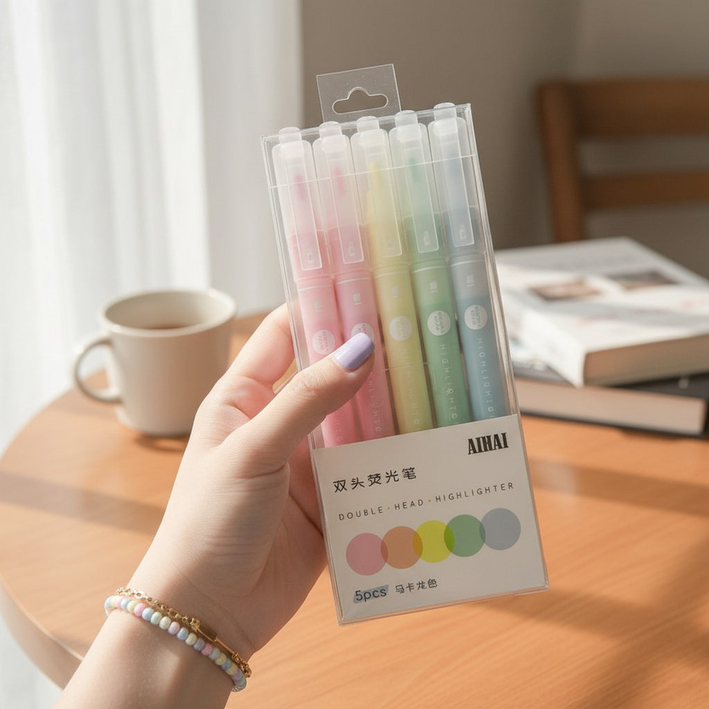 Double Head Highlighter Pen Set - 5 Piece Pastel Colors