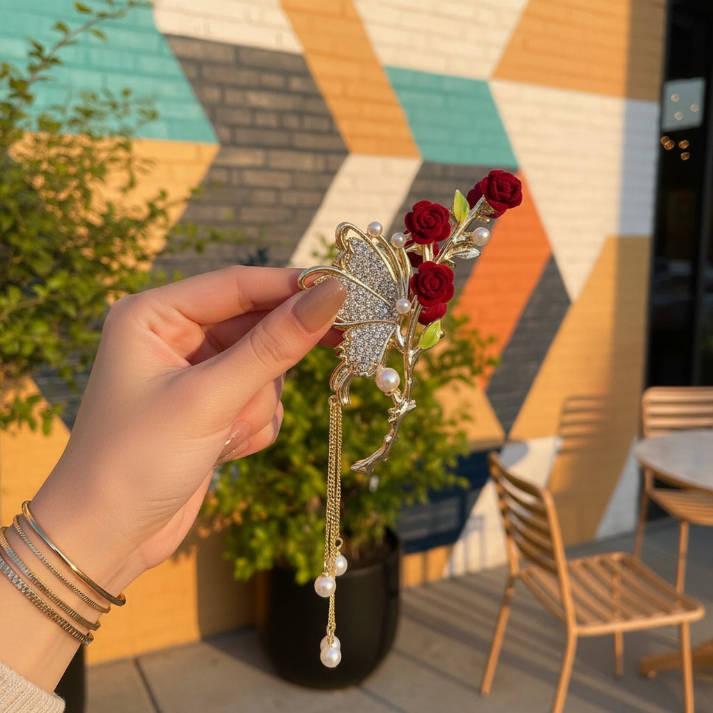 Butterfly Rose Gold Hair Claw Pearl Chain