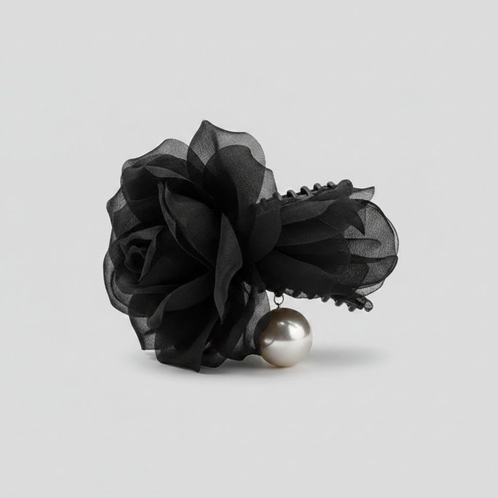 Black Mesh Flower Hair Claw Pearl Charm