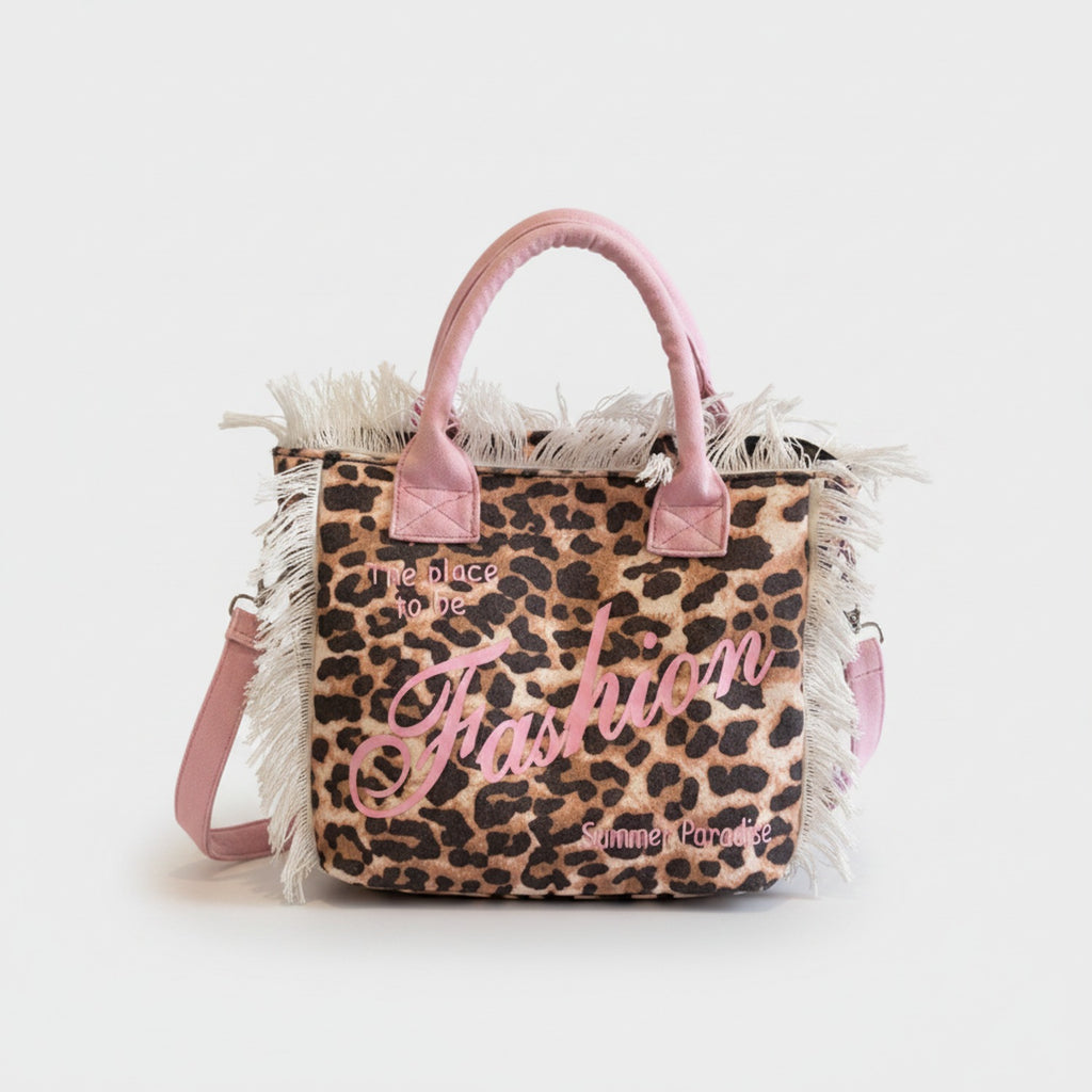 Leopard Print Tote Bag With Fringe Trim