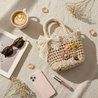 Woven Straw Basket Bag With Flower Charms