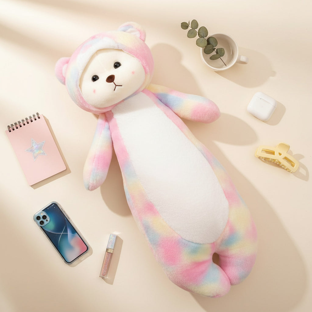Pastel Rainbow Teddy Bear Plush Toy With Bonnet