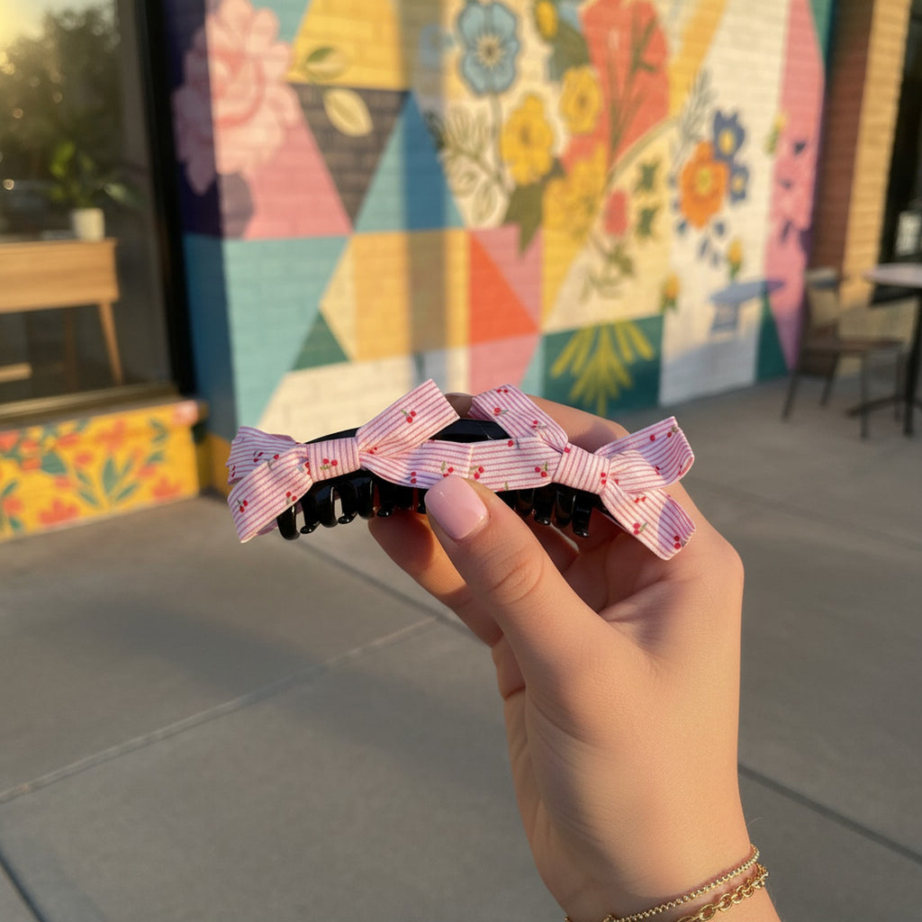 Pink Striped Cherry Hair Claw Clip
