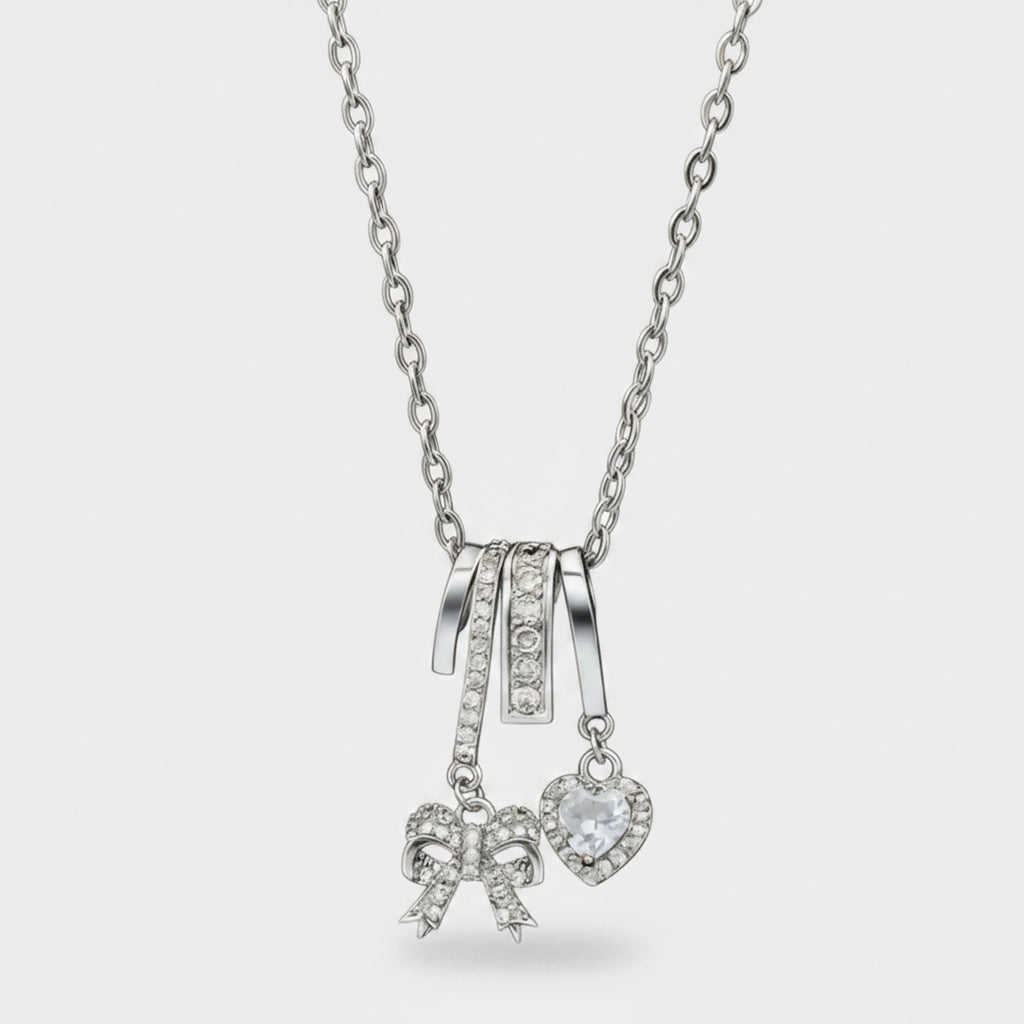 Silver Heart Charm Bow Pendant Necklace