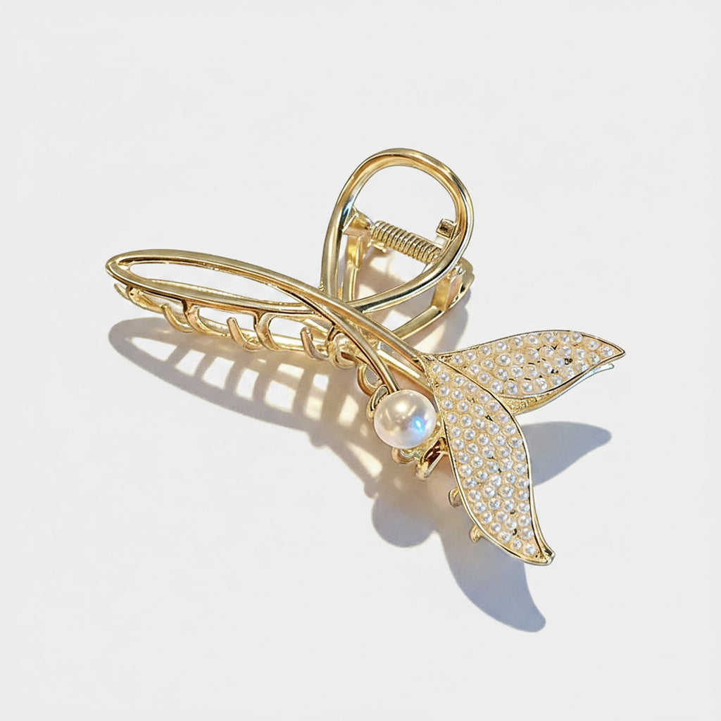 Gold Pearl Butterfly Rhinestone Hair Claw
