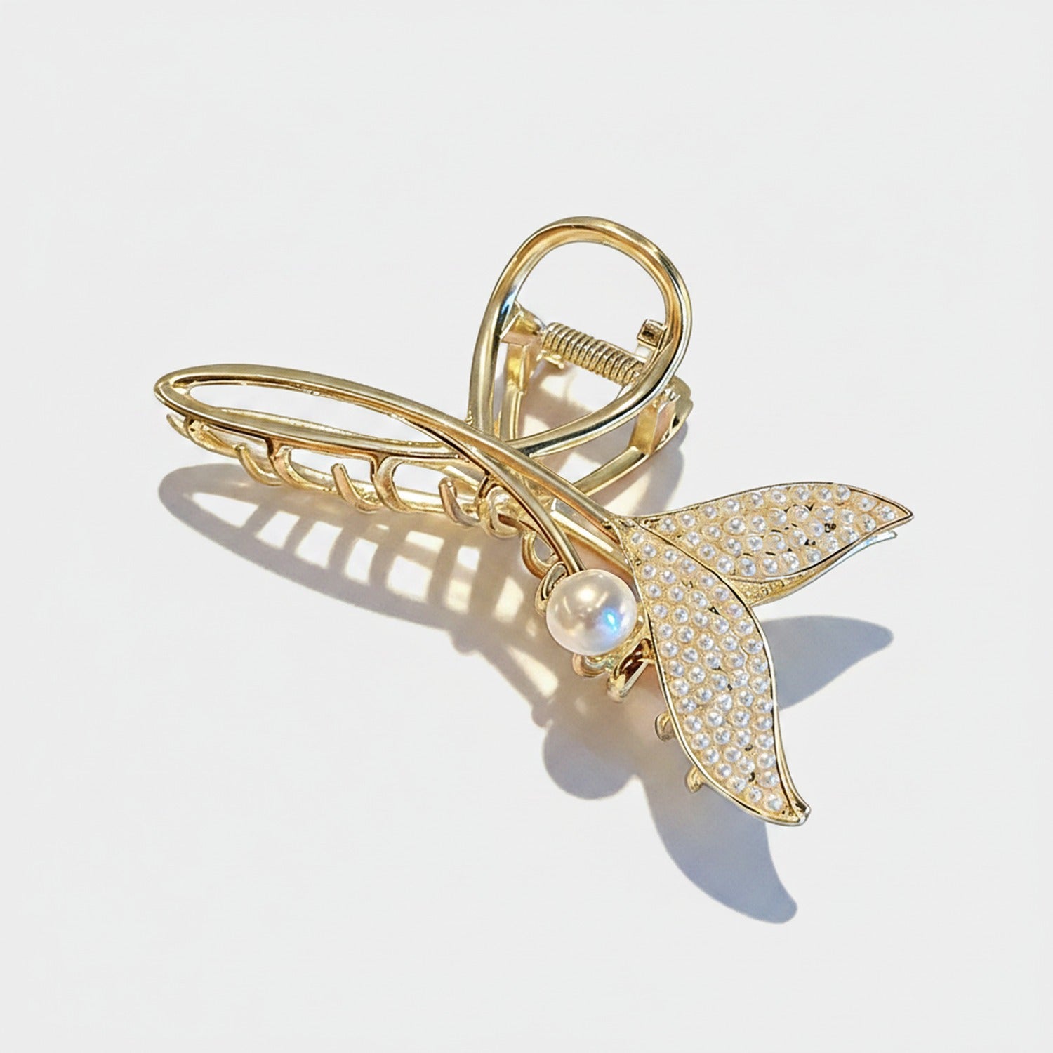 Gold Pearl Butterfly Rhinestone Hair Claw
