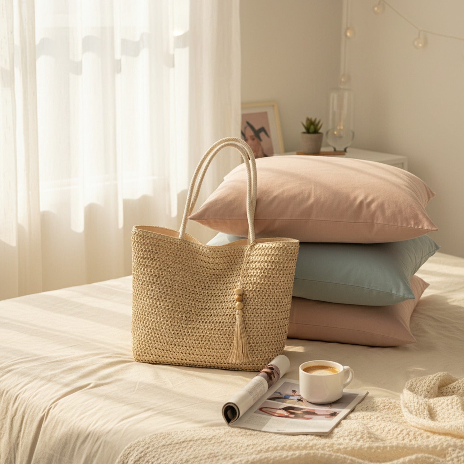 Woven Straw Tote Bag With Tassel Detail
