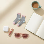 Gray Striped Pink Cuff Star Crew Socks