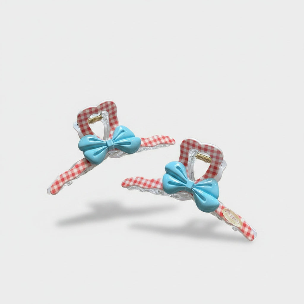 Red Gingham Heart Claw With Turquoise Bow