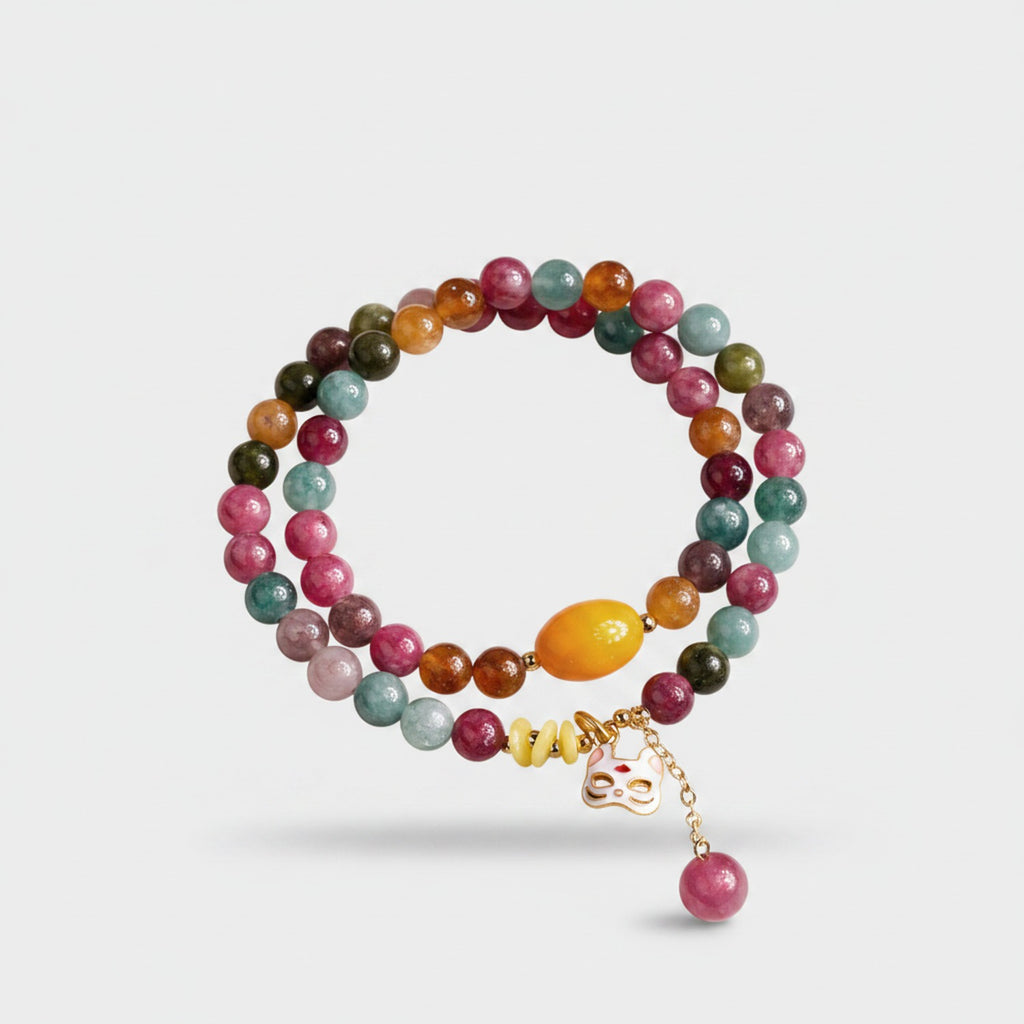 Colorful Beaded Bracelet With Cat Charm