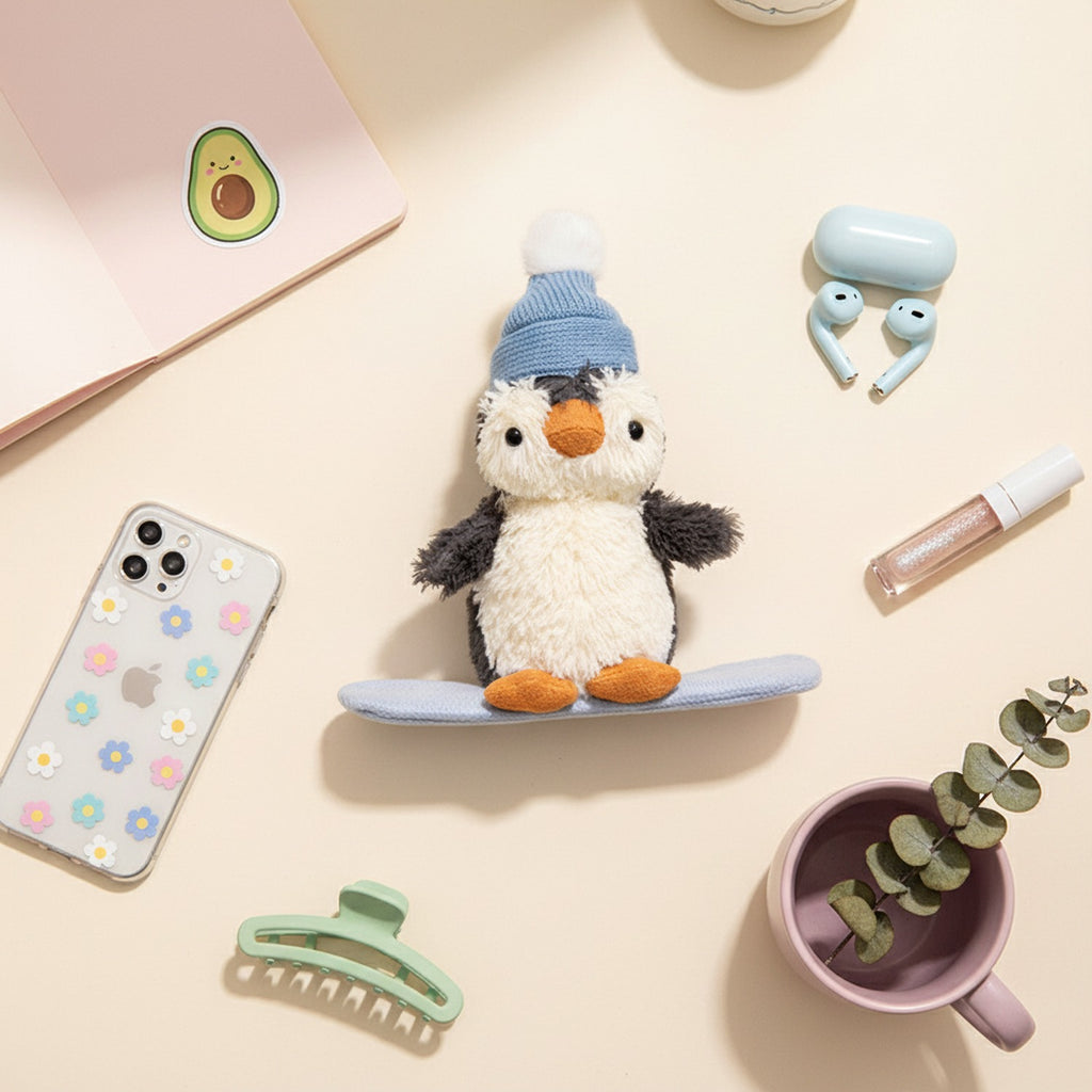 Penguin Plush Toy With Blue Pom Pom Beanie