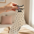 Cream Polka Dot Crew Socks With Bow