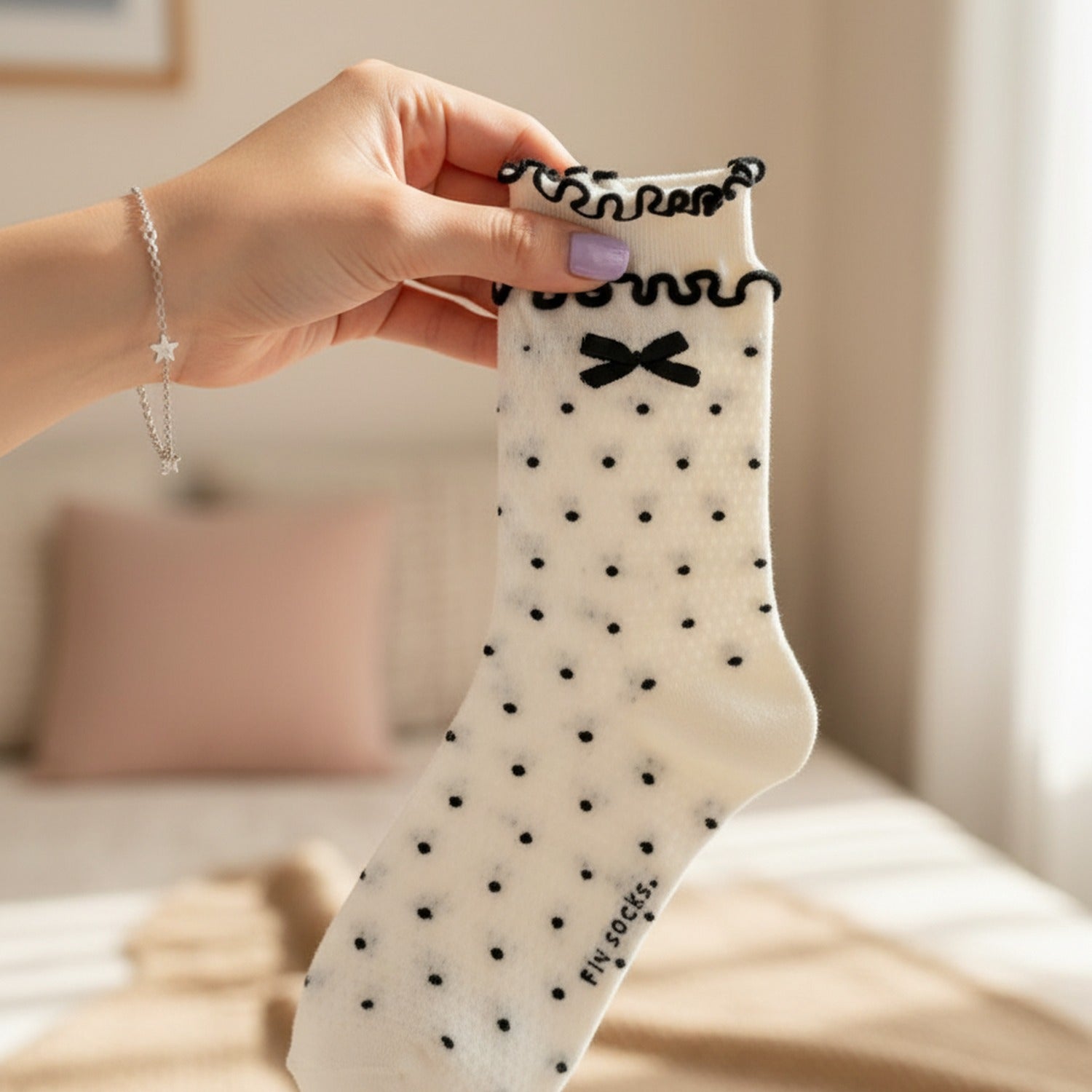 Cream Polka Dot Crew Socks With Bow