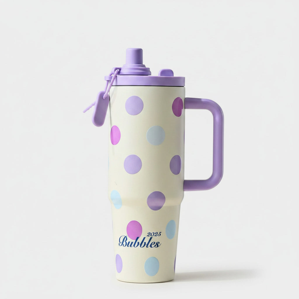 Cream Polka Dot Tumbler With Purple Handle
