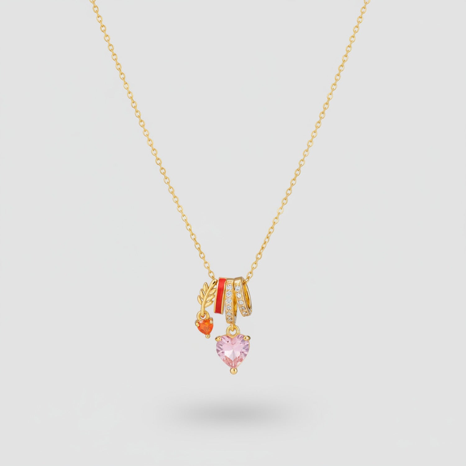 Gold Heart Charm Necklace with Rhinestones