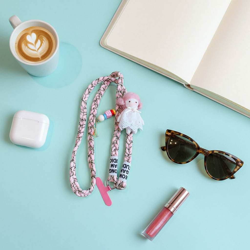 Pink Braided Rope Phone Charm With Doll Accessory