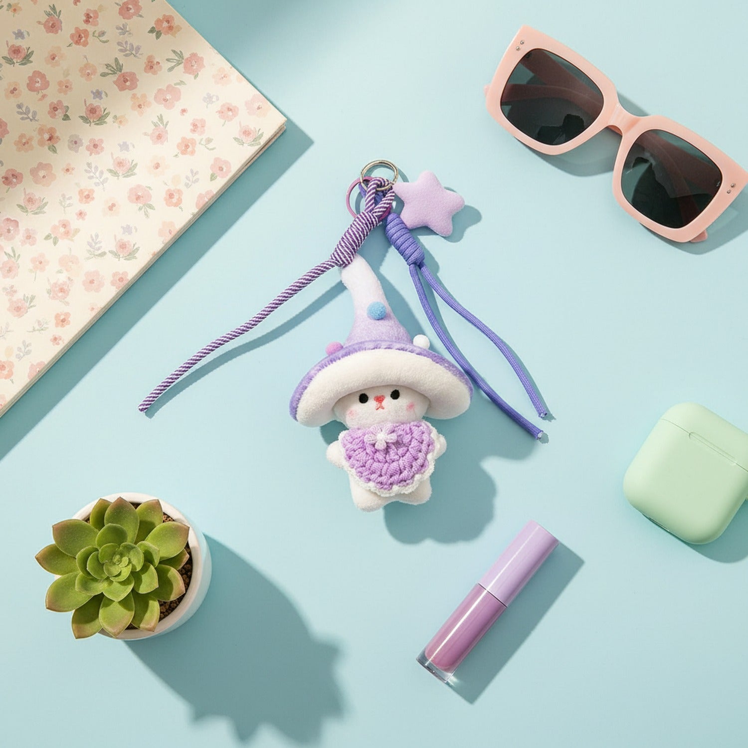 Pink Mushroom Plush Phone Charm With Ribbon Strap