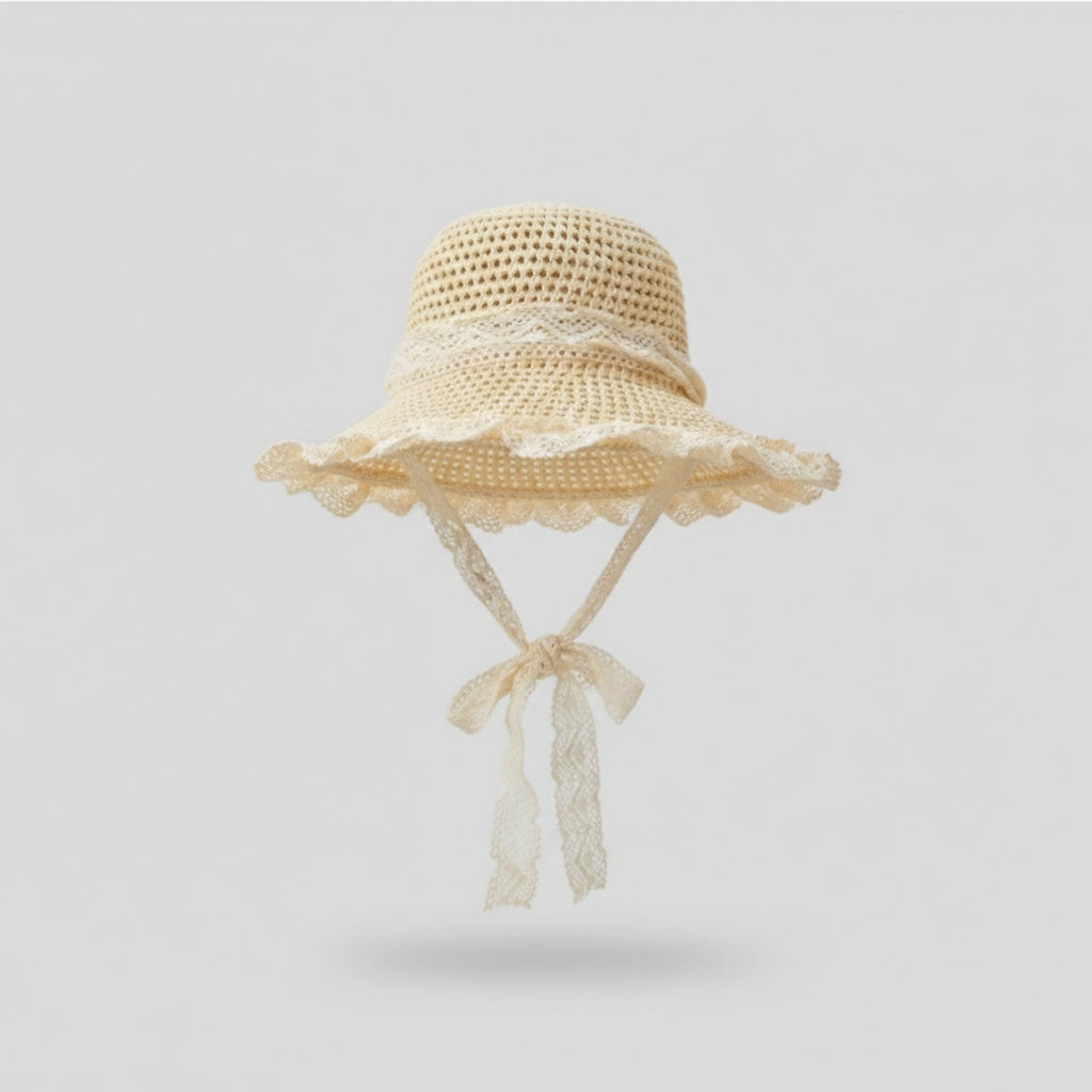 Cream Crochet Bucket Hat With Lace Trim