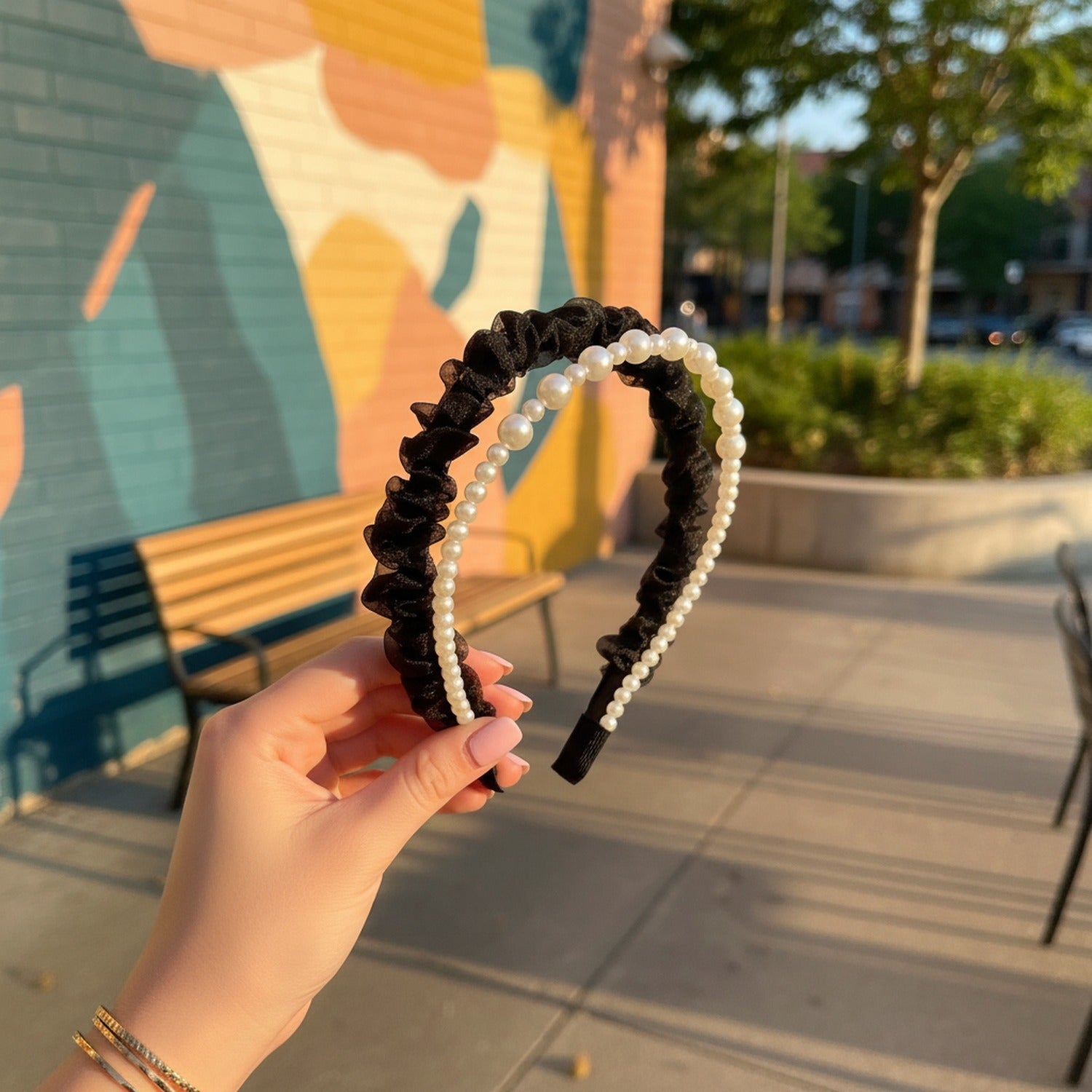 Black Pearl Beaded Ruffle Headband
