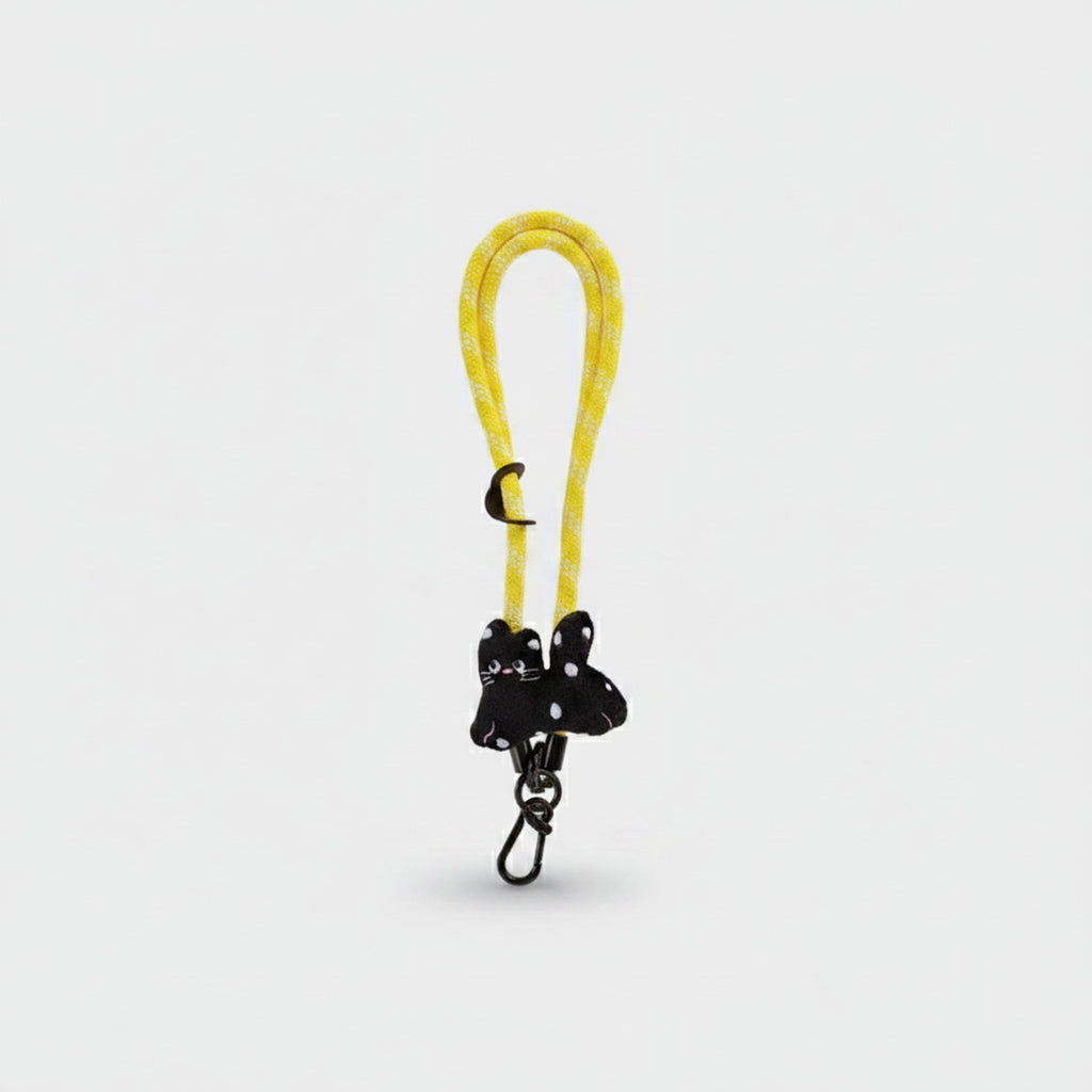 Yellow Rope Black Cat Charm Phone Strap