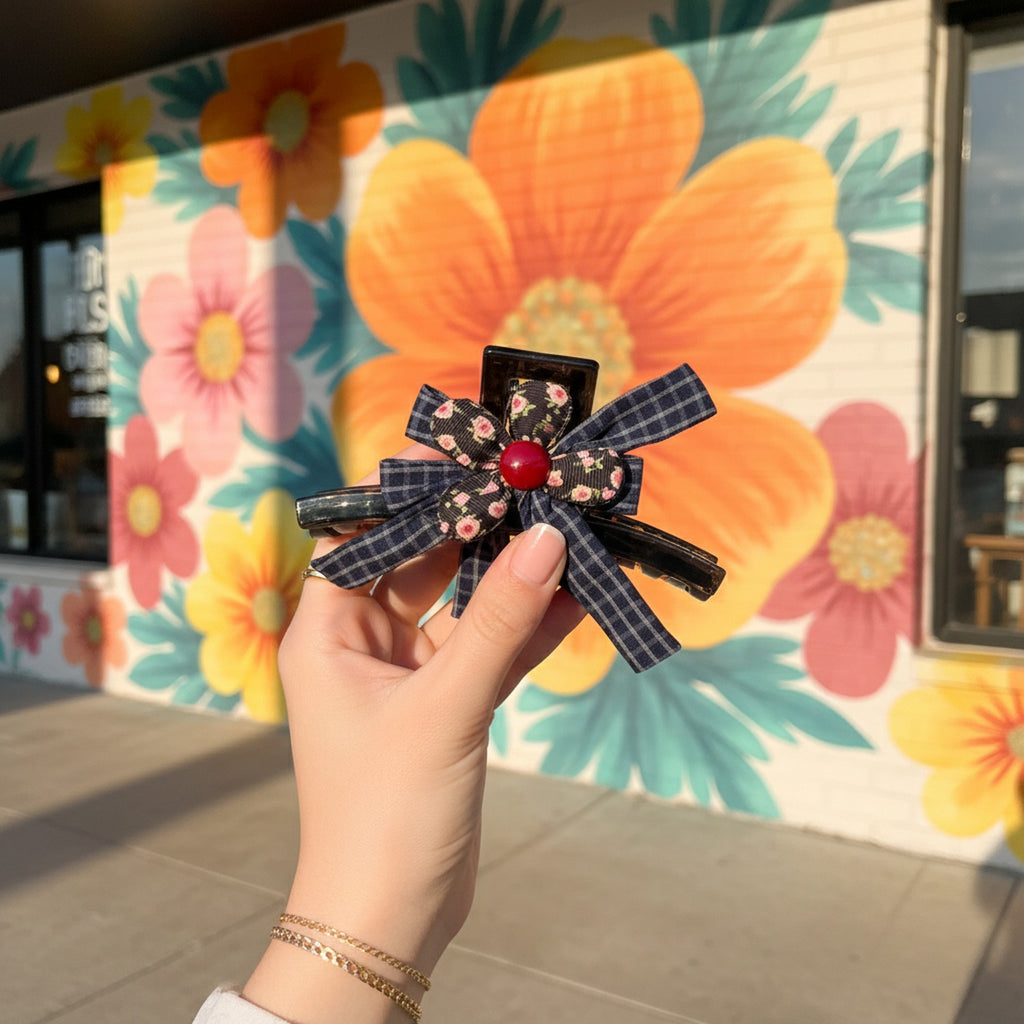 Plaid Bow Hair Claws with Floral Detail