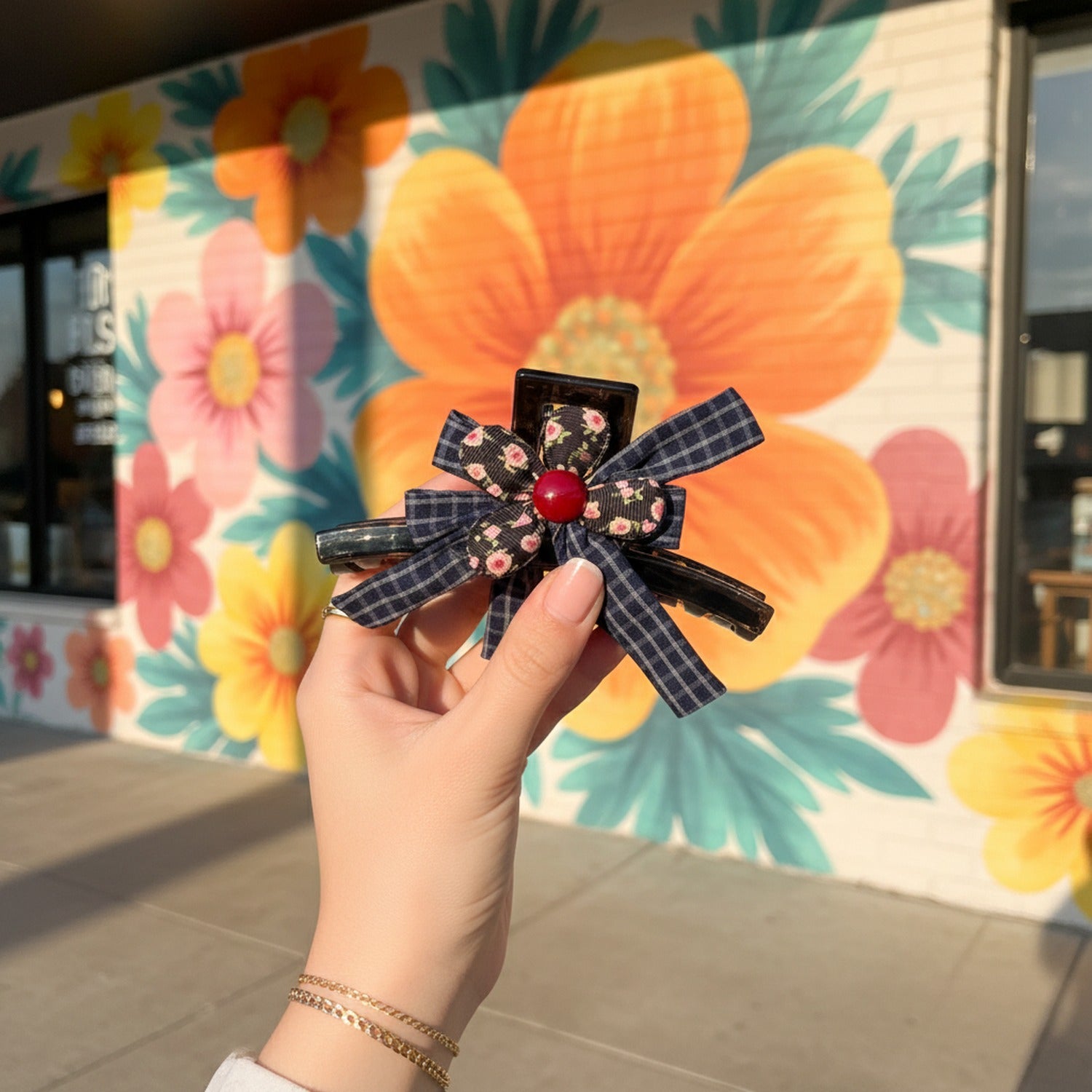 Plaid Bow Hair Claws with Floral Detail