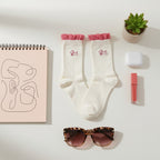 Cream Dachshund Embroidered Socks With Pink Ruffle Cuff