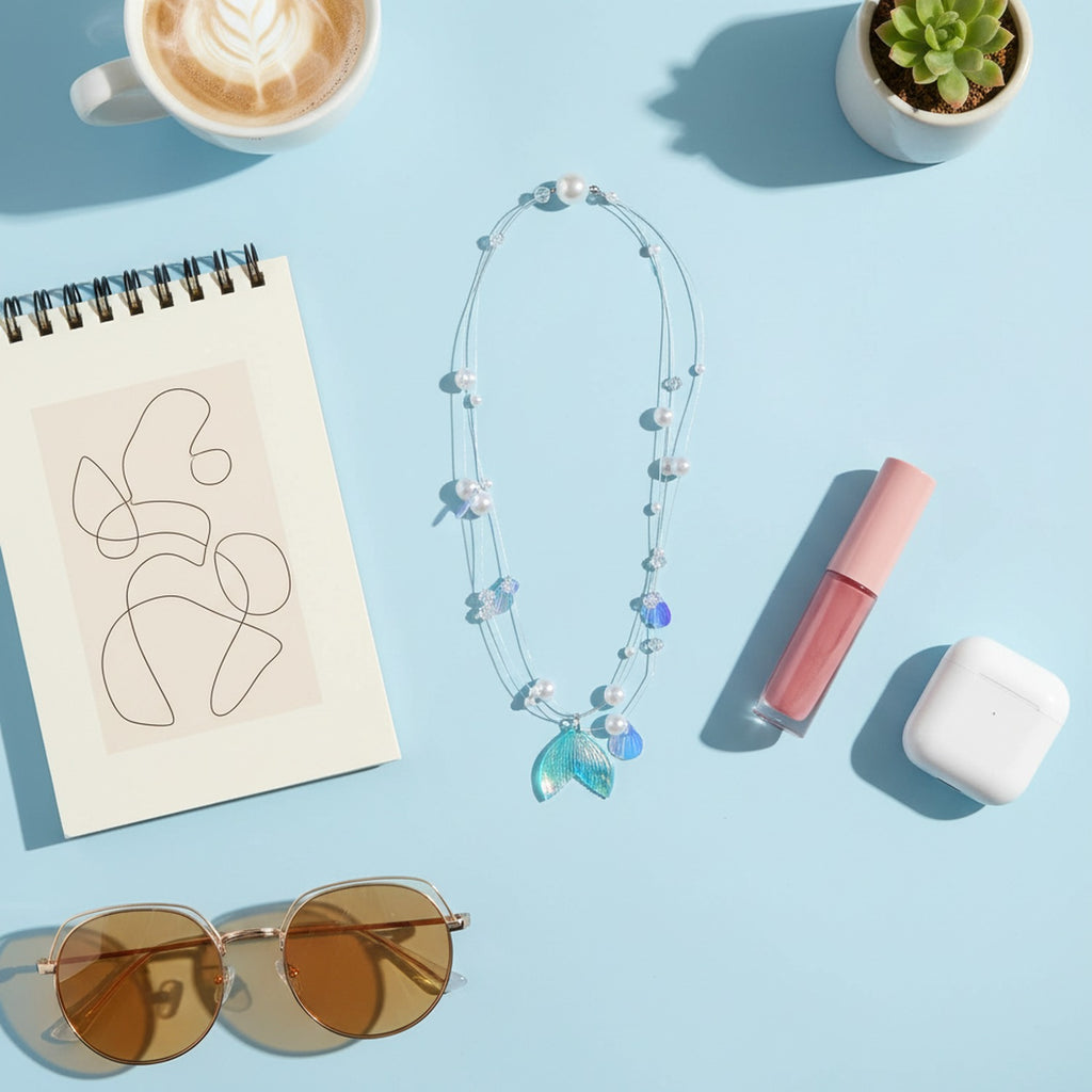 Blue Shell Pearl Beaded Charm Necklace