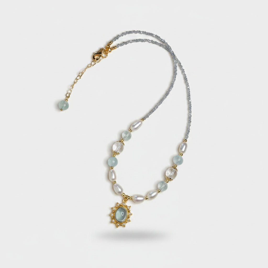 Aqua Beaded Pearl Charm Pendant Necklace