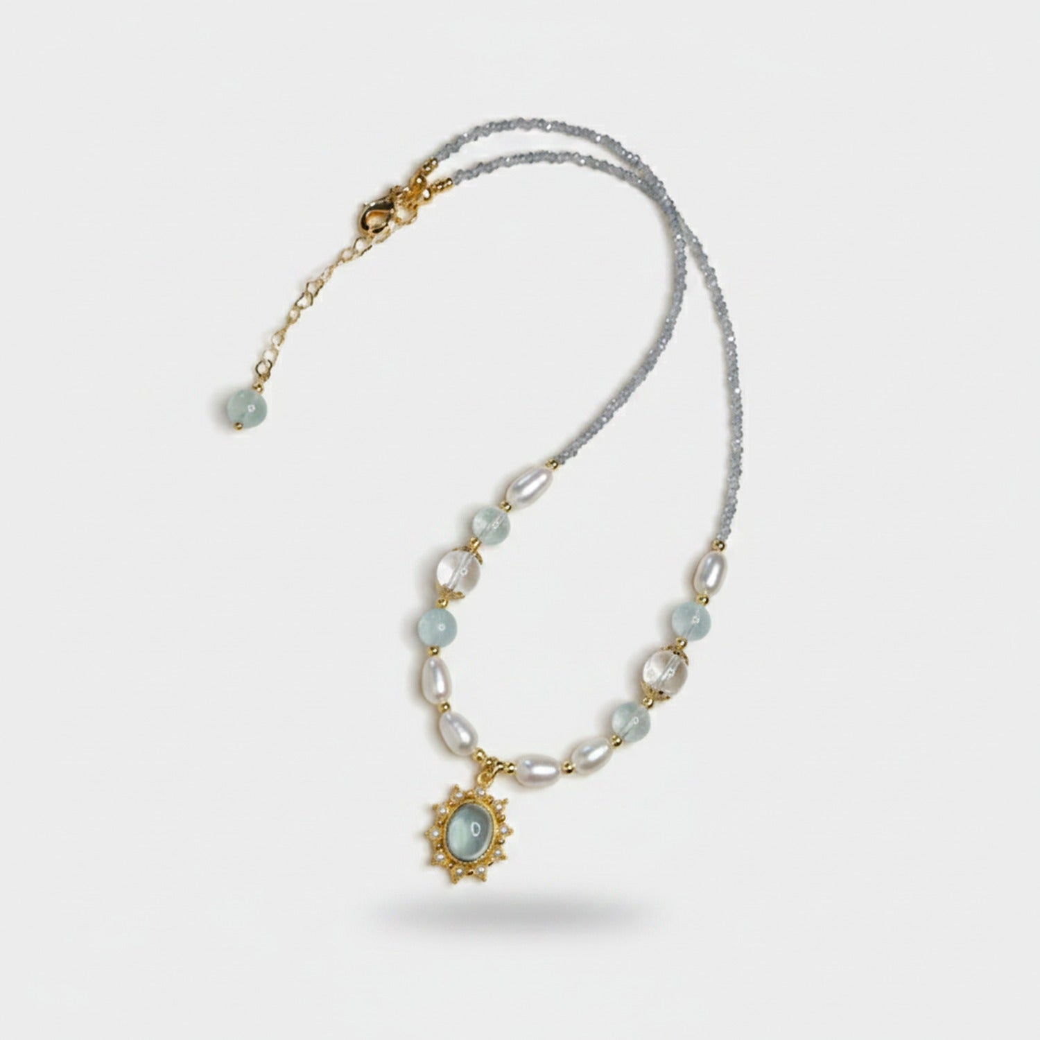 Aqua Beaded Pearl Charm Pendant Necklace