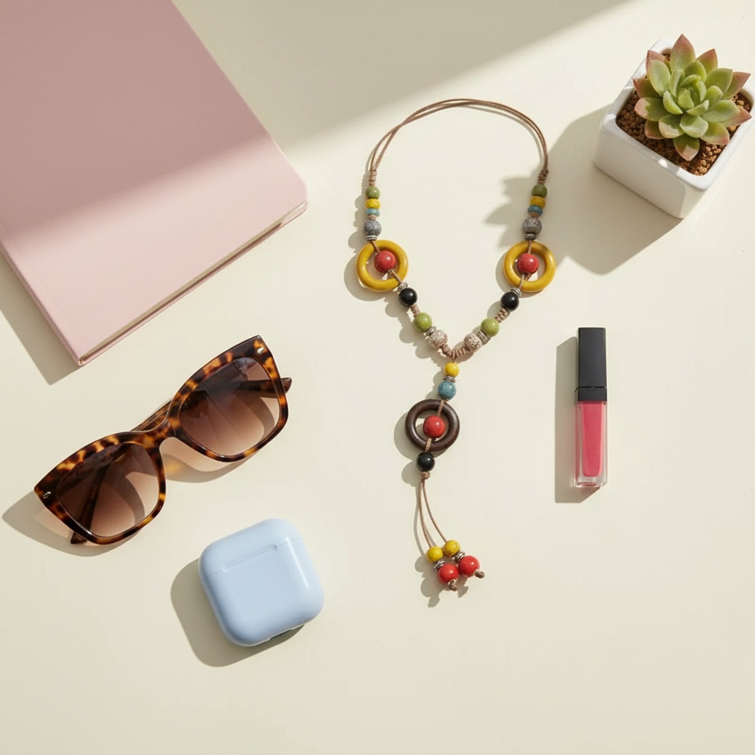 Beaded Pendant Necklace With Colorful Stone Charms