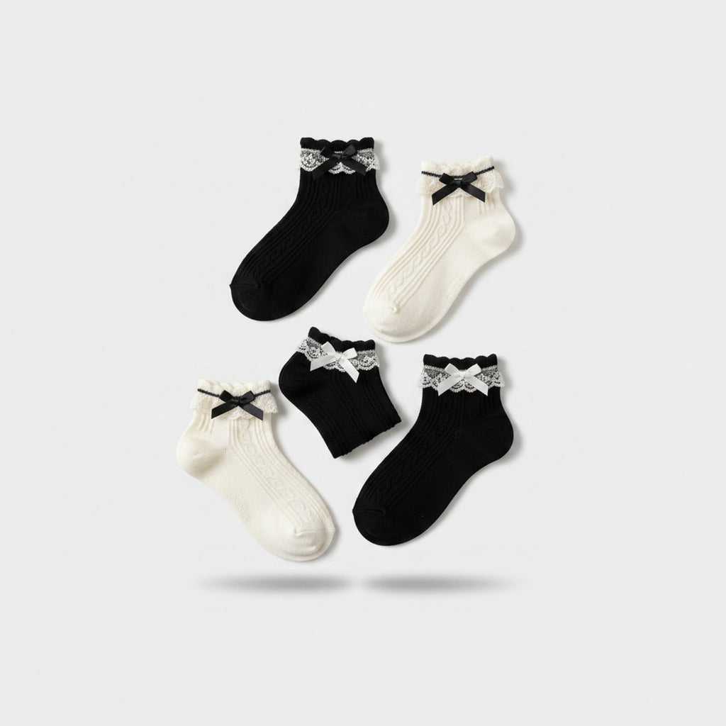 Lace Bow Ankle Socks Set Black White