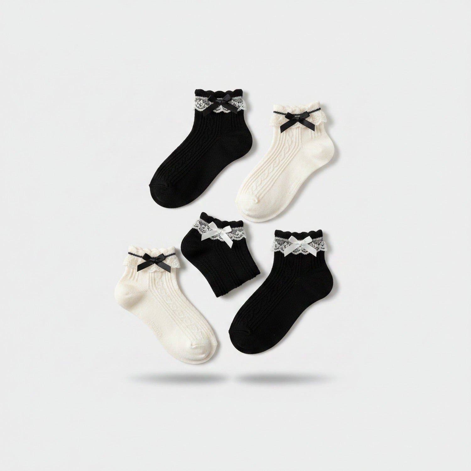 Lace Bow Ankle Socks Set Black White