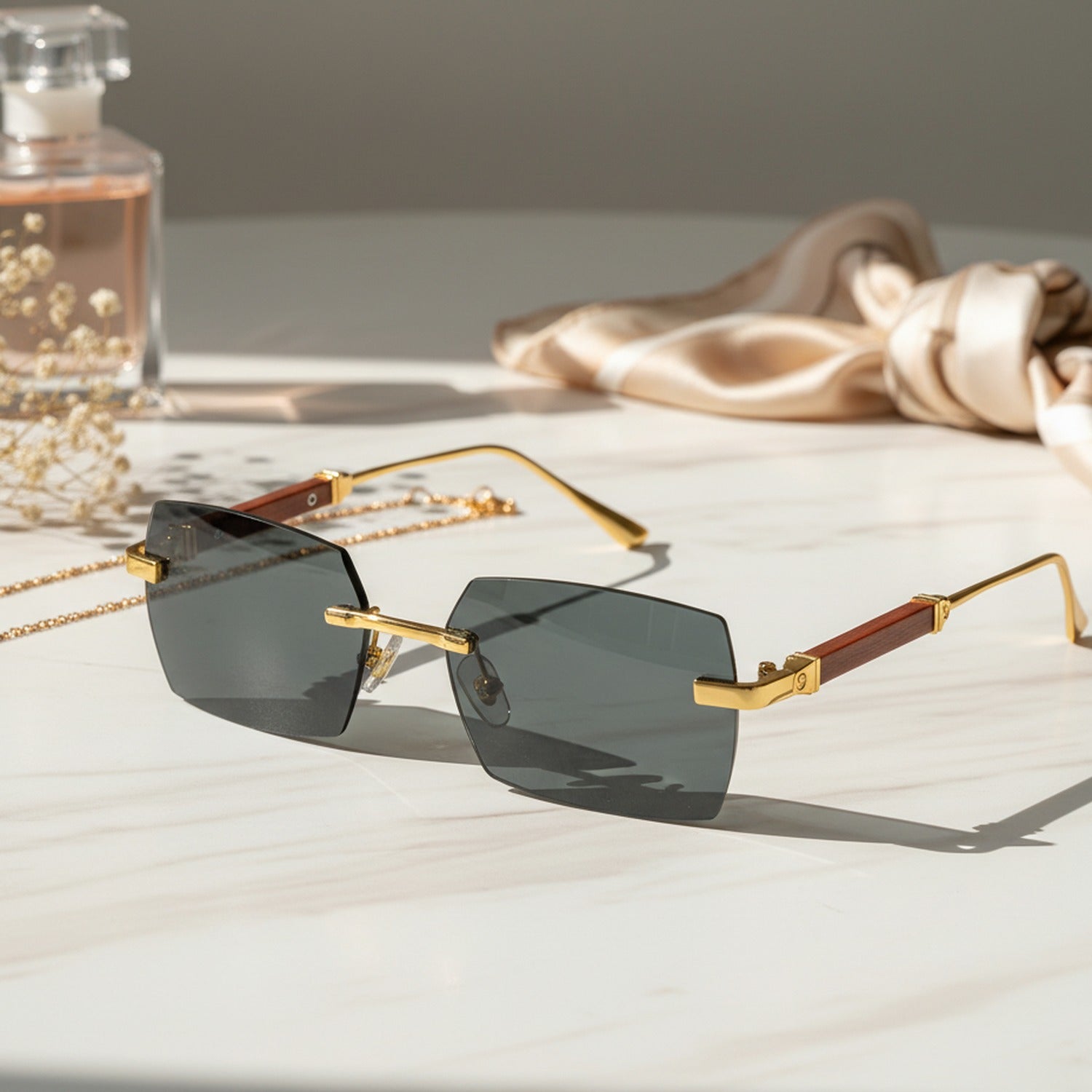 Rectangular Gold Metal Wood Temple Sunglasses