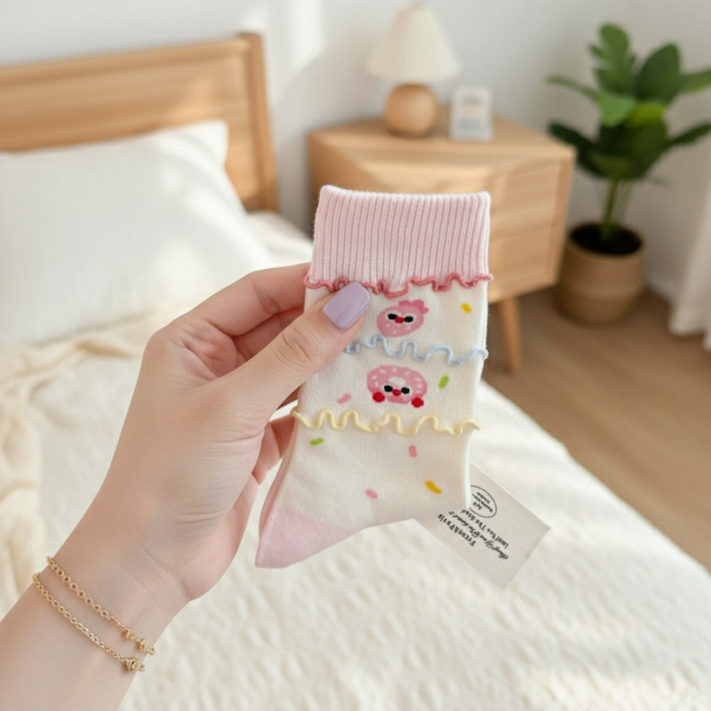 Cream Ruffle Heart Smiley Face Socks