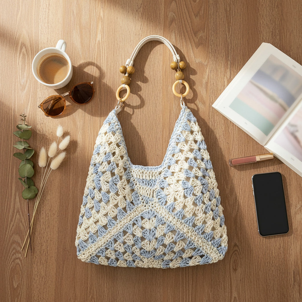 Cream Blue Crochet Tote Bag with Wooden Handle