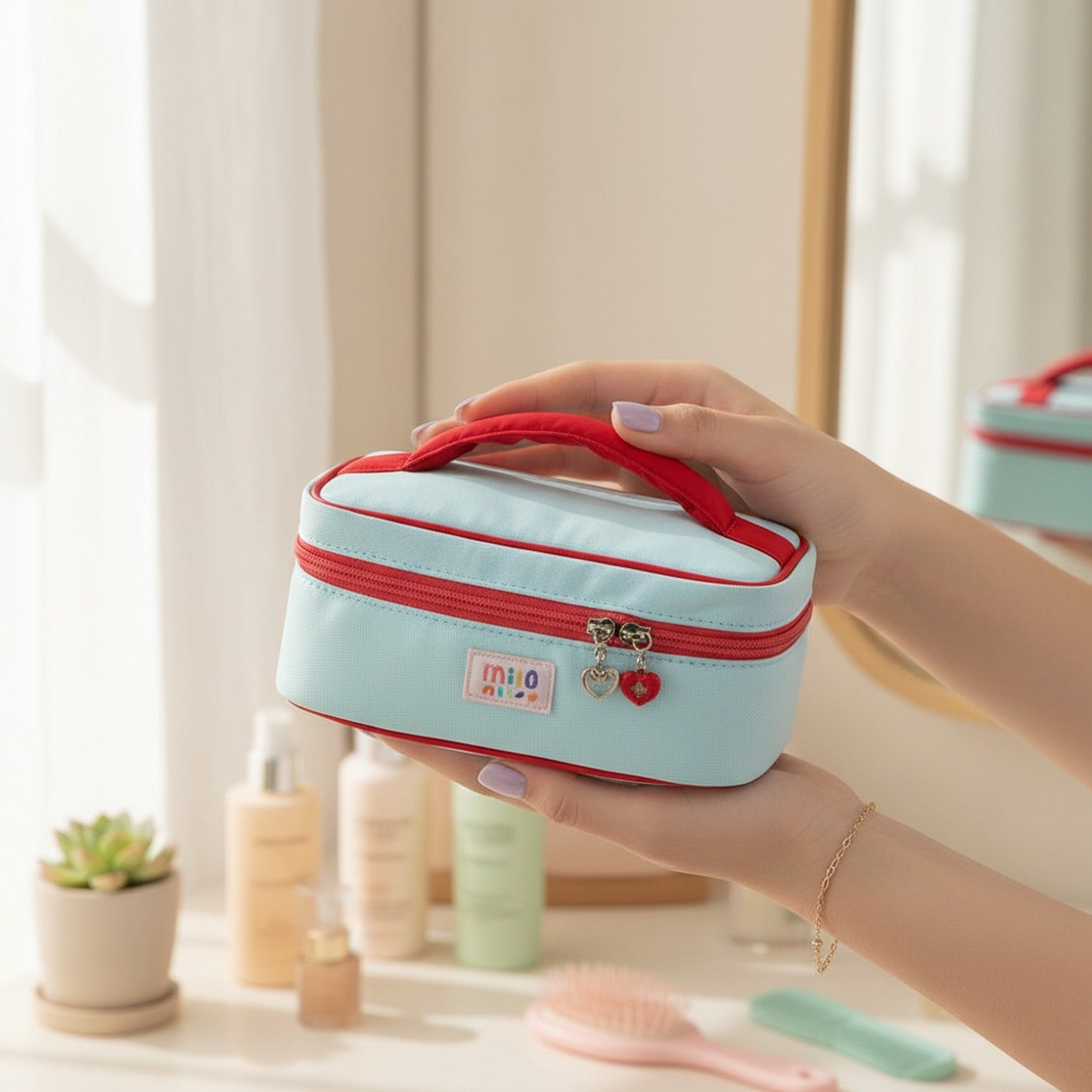 Pastel Blue & Pink Cosmetic Bag With Flower Charm