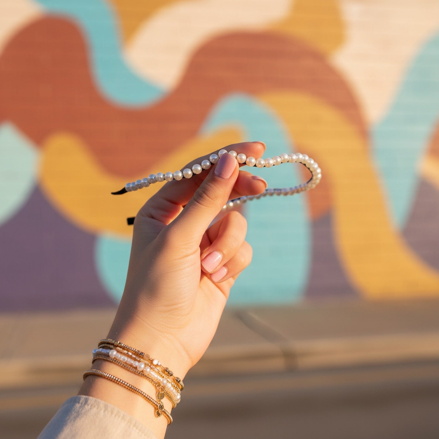Pearl Beaded Hair Headband Black Tips