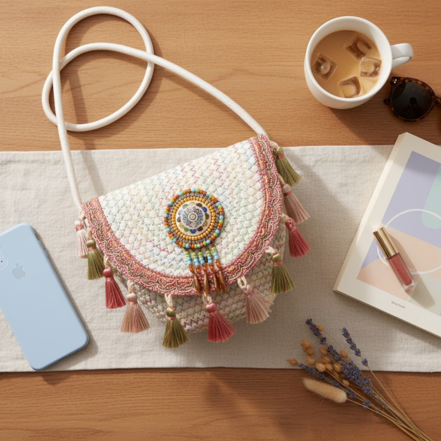 Beaded Boho Crossbody Bag With Tassel Fringe