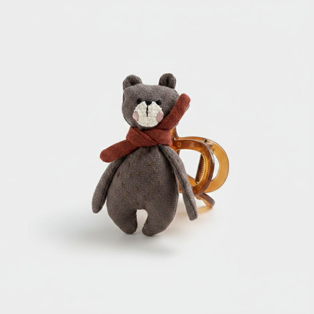 Gray Knit Bear Hair Claw With Rust Bow