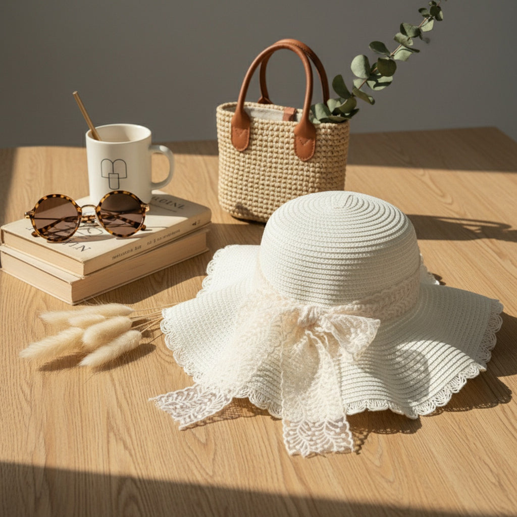 Cream Crochet Bucket Hat With Lace Bow
