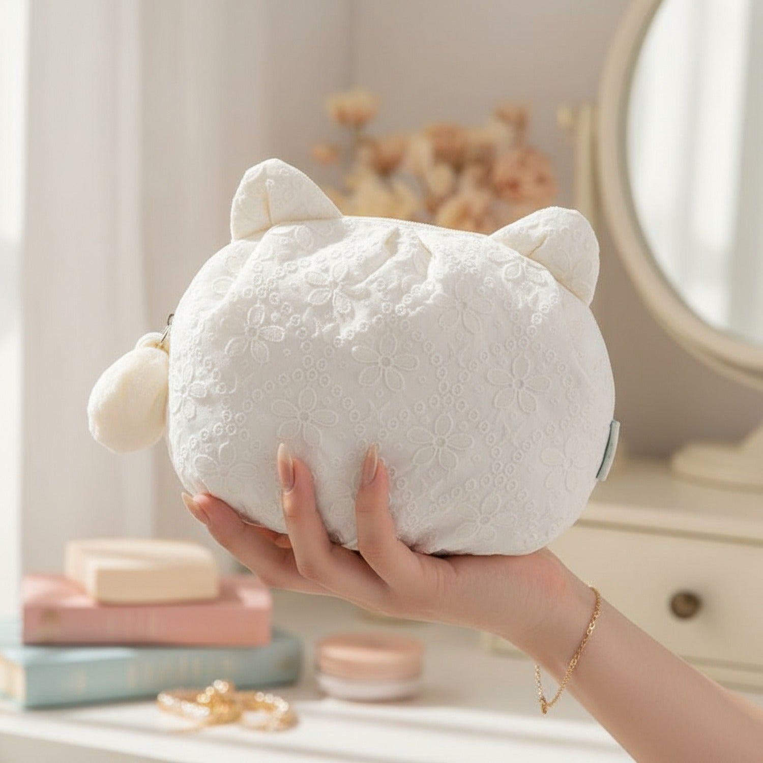 White Quilted Floral Cat Ear Cosmetic Bag With Charm