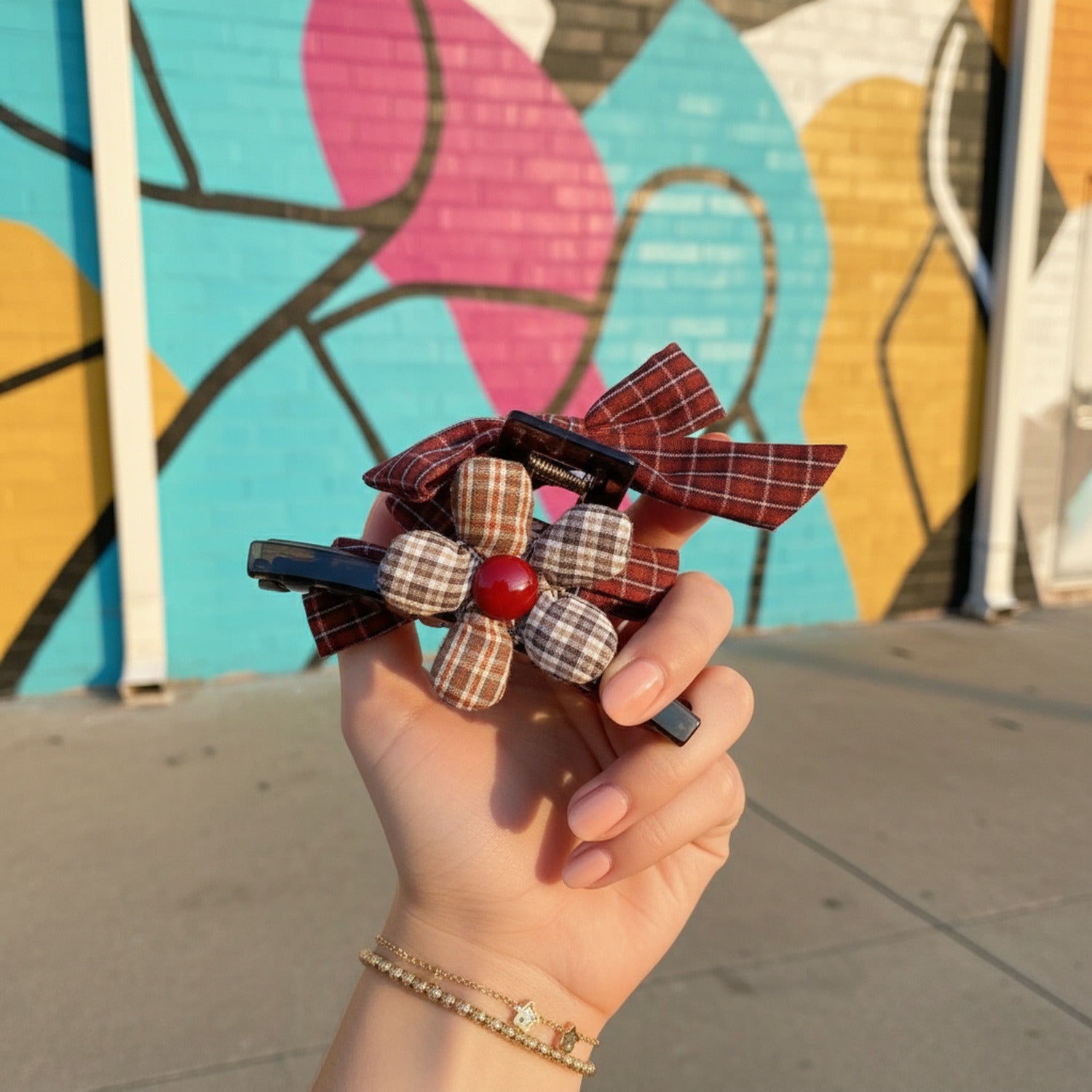 Plaid Fabric Hair Claw Clips With Ribbon Bows