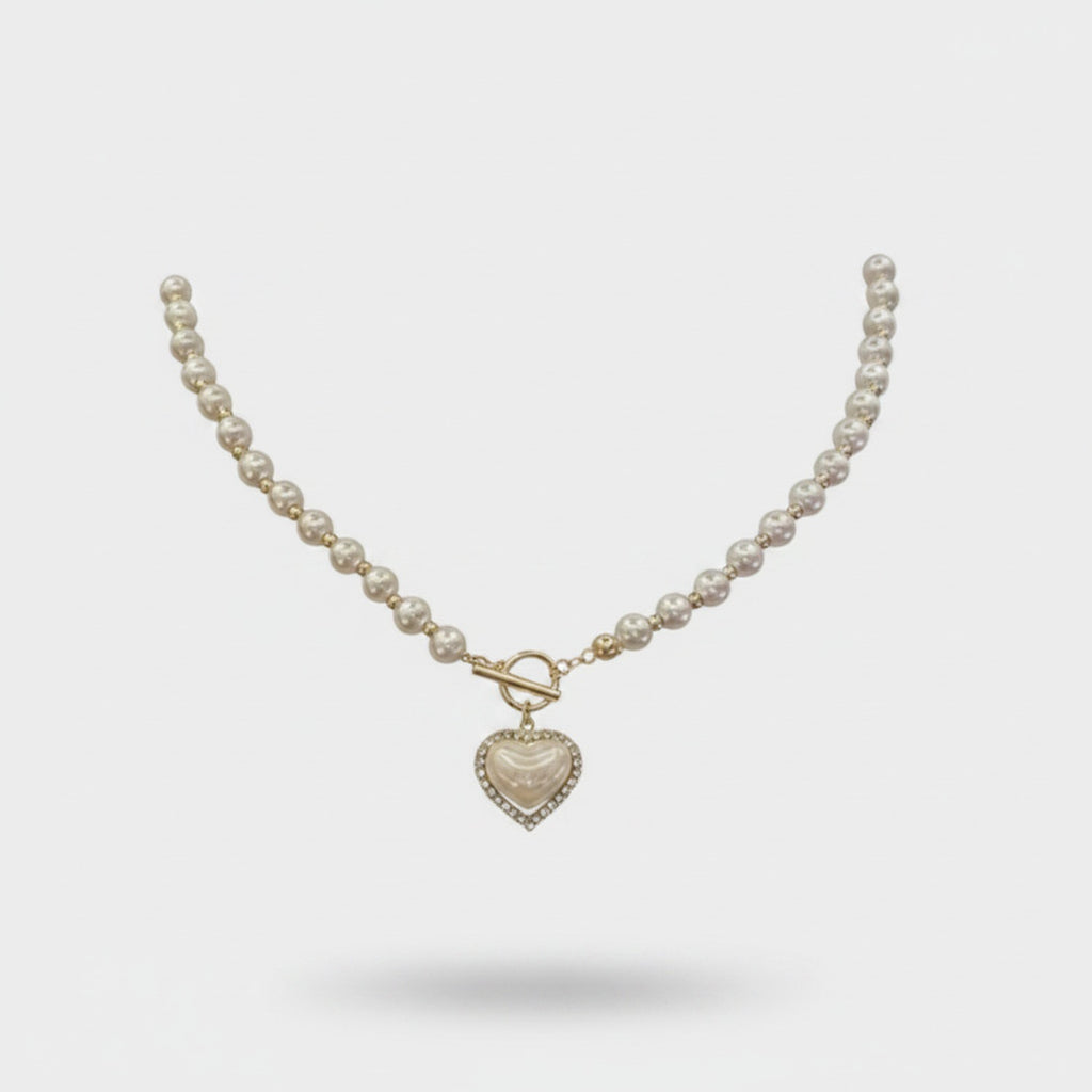 Pearl Heart Charm Necklace with Toggle Clasp