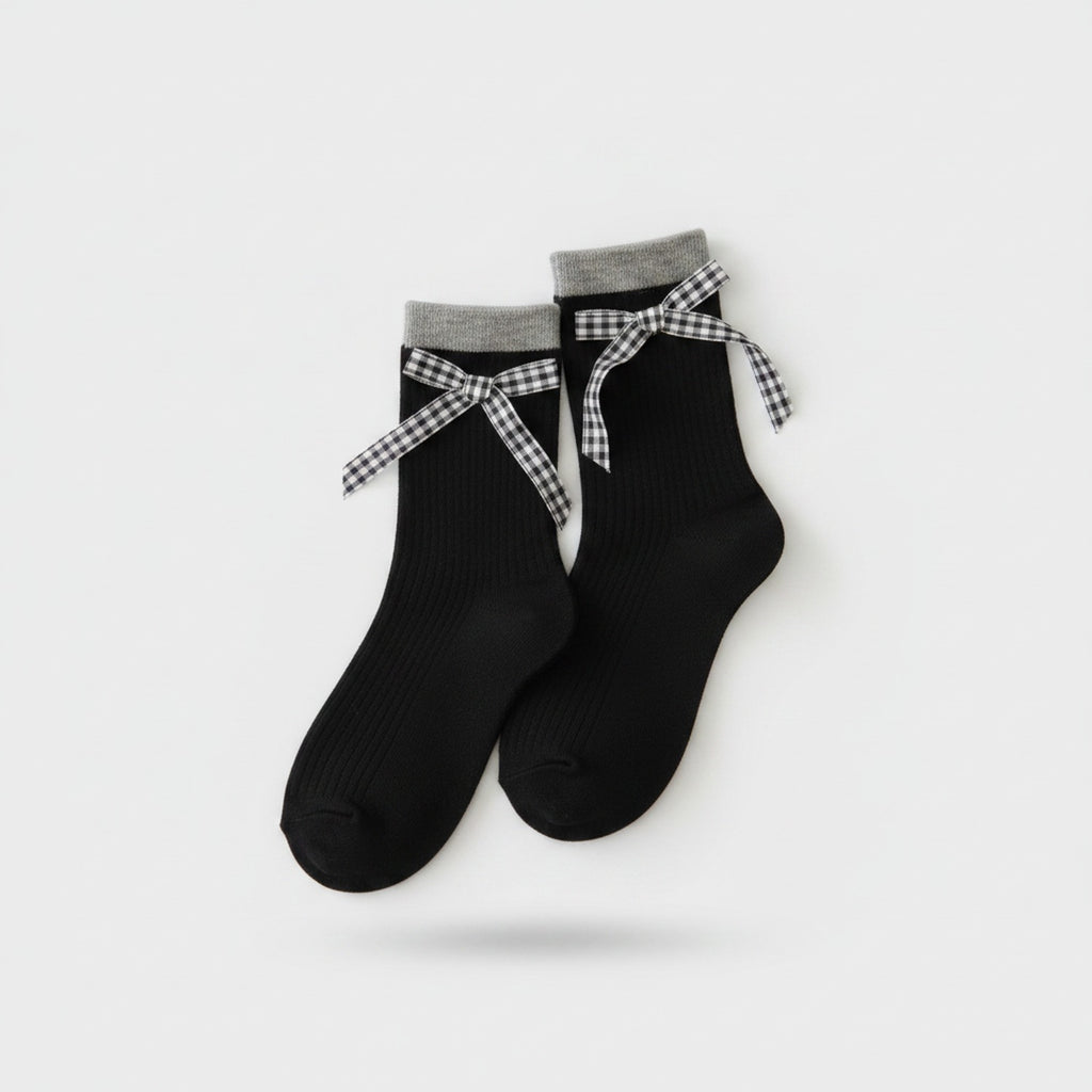Black Ribbed Crew Socks With Gingham Bow