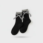 Black Ribbed Crew Socks With Gingham Bow