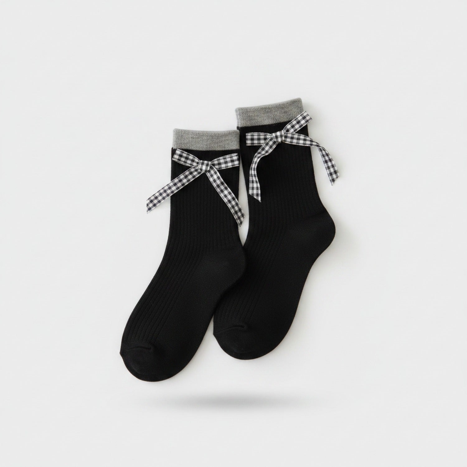 Black Ribbed Crew Socks With Gingham Bow