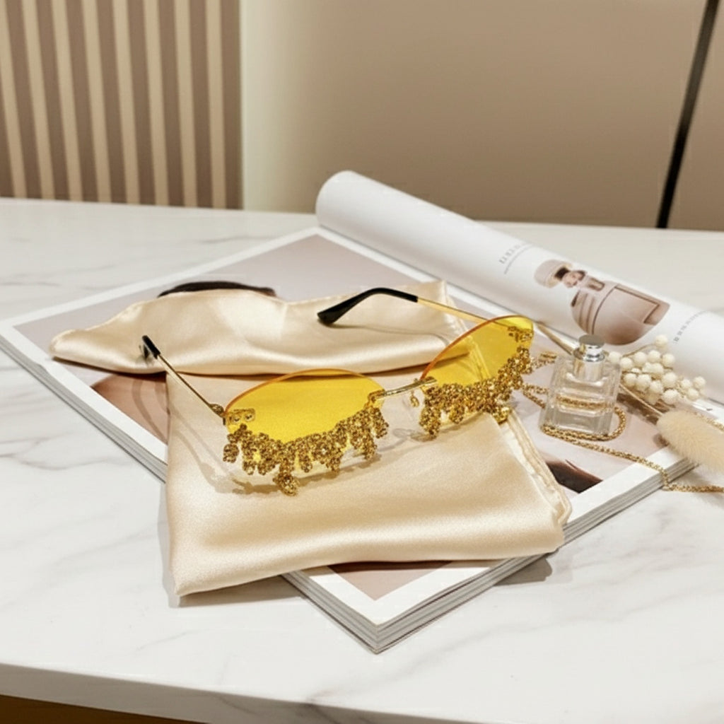 Yellow Rimless Sunglasses With Gold Beaded Lashes