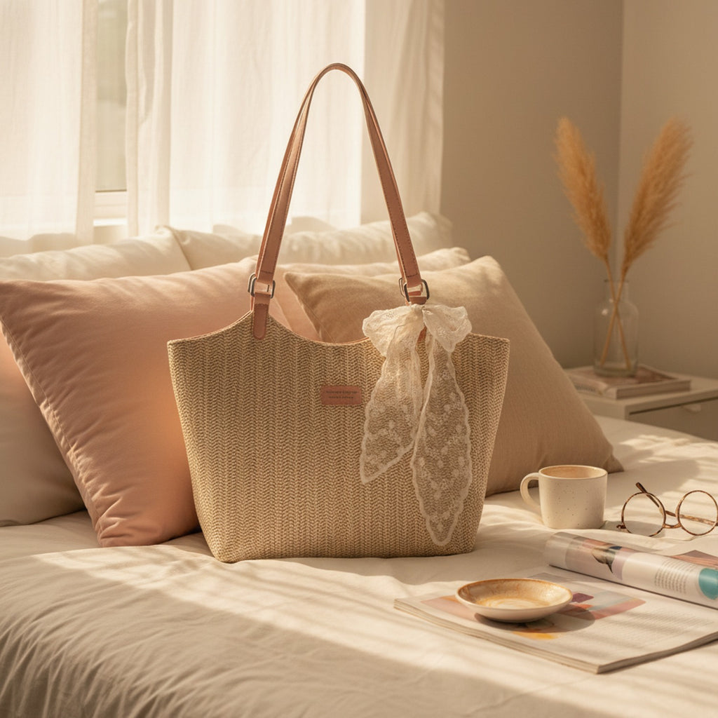 Cream Woven Tote Bag With Lace Scarf